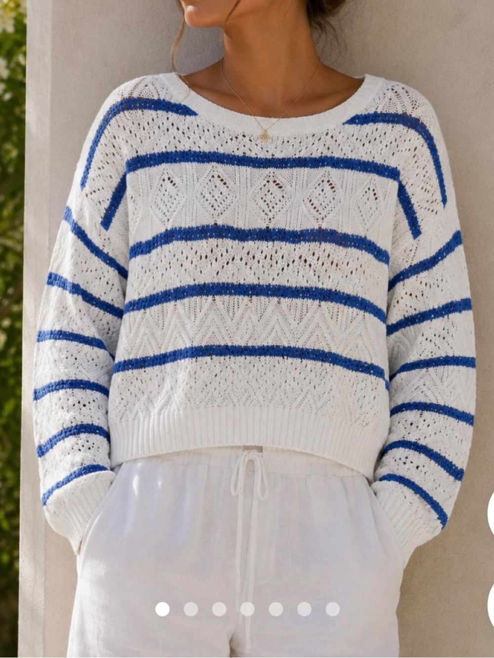 🔥🔥Ralph Lauren White Open-Knit Sweater with NAVY Blue Stripes